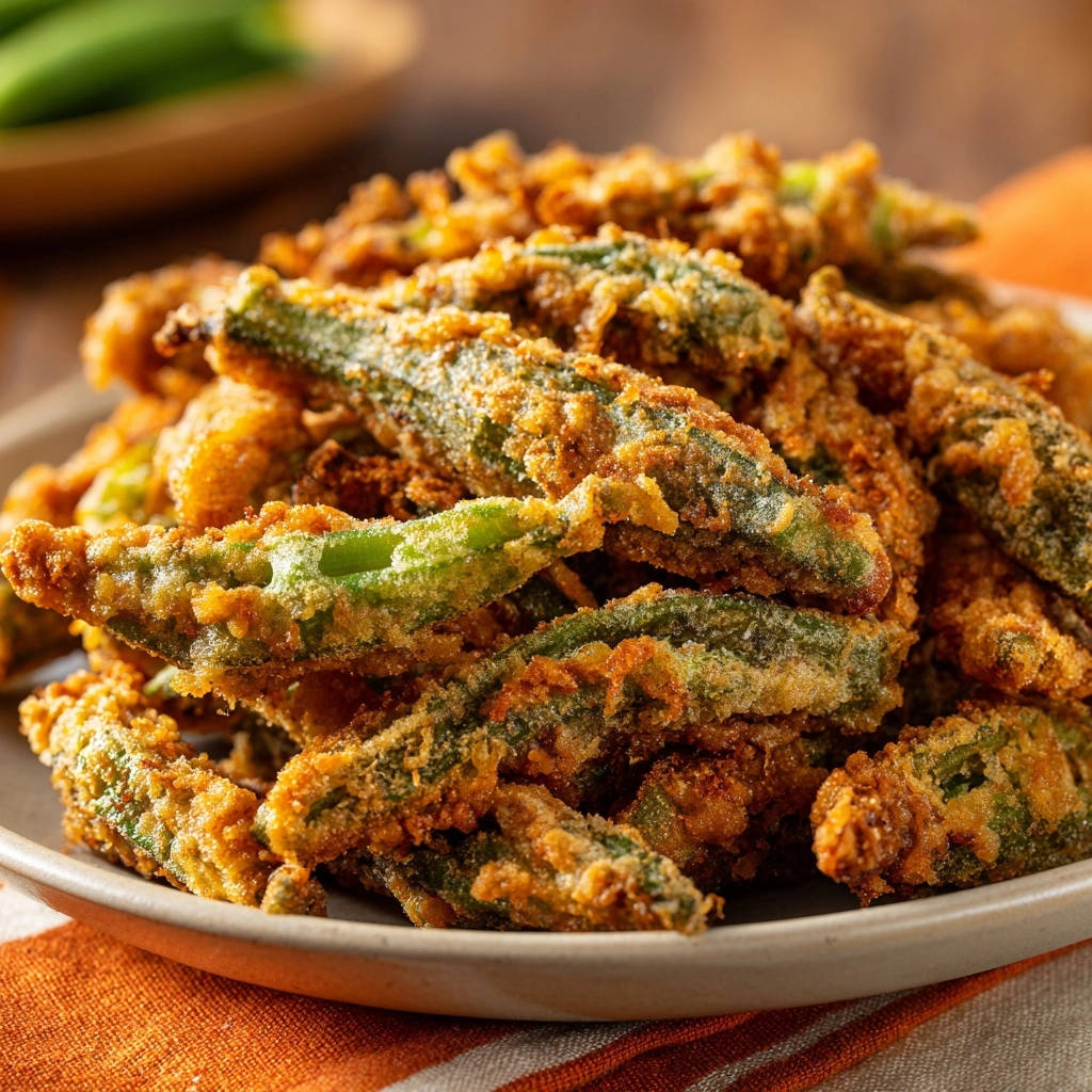 Crispy Southern Fried Okra piled high on a plate, showcasing its golden-brown coating and vibrant green interior.