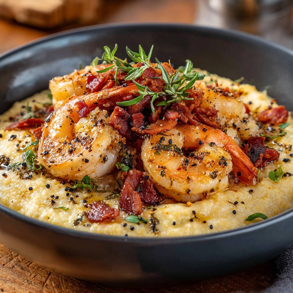 Southern shrimp and grits with bacon and rosemary garnish in a dark bowl, close-up view.