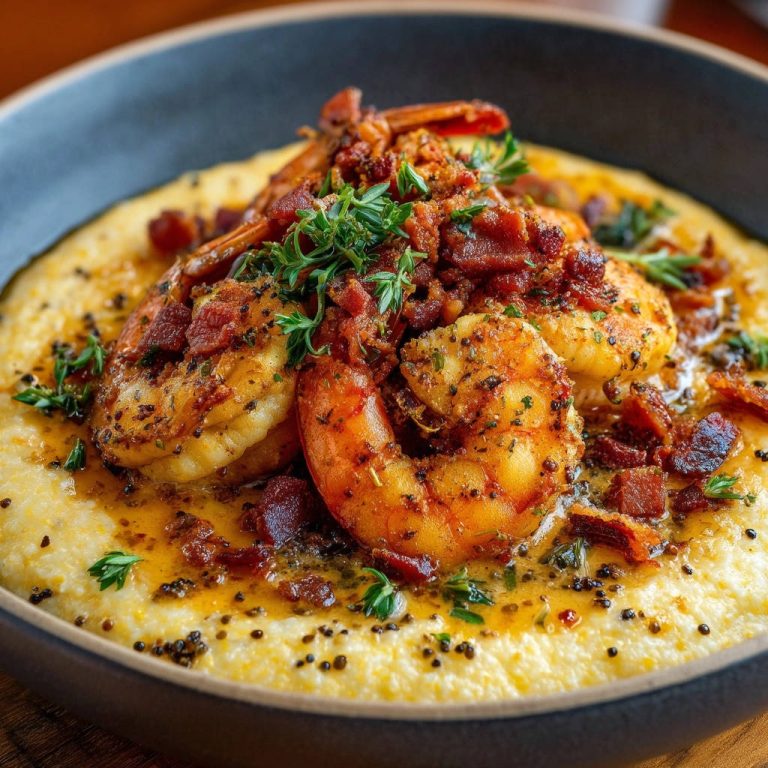 Southern shrimp and grits with a close-up view of fresh herb and bacon garnish on creamy grits.