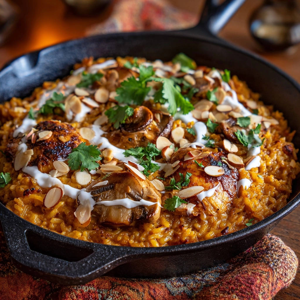 One-pan spiced chicken & rice skillet garnished with almonds, cilantro, and yogurt drizzle in a cast iron pan.