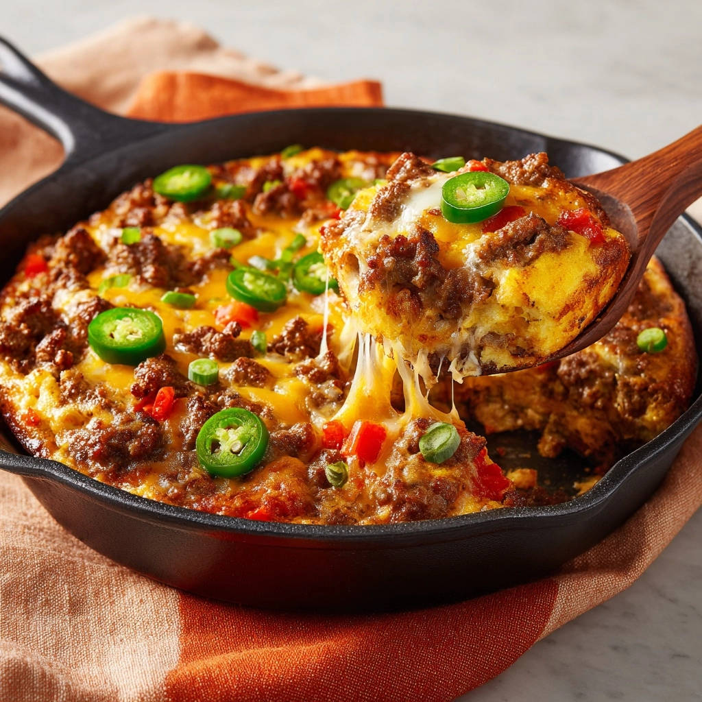 Spicy skillet breakfast bake with a cheesy slice being lifted out on a wooden spoon, showing melted cheese strands.