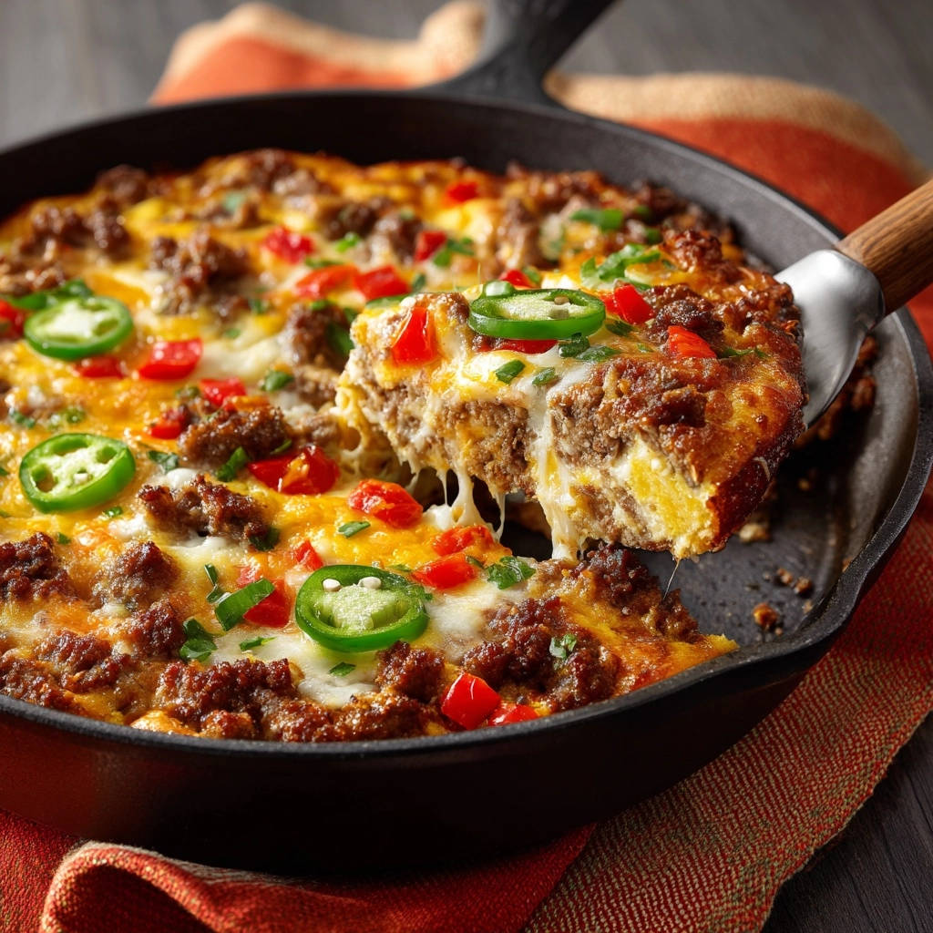 Spicy Skillet Breakfast Bake with a slice being lifted, showing its cheesy and moist interior.