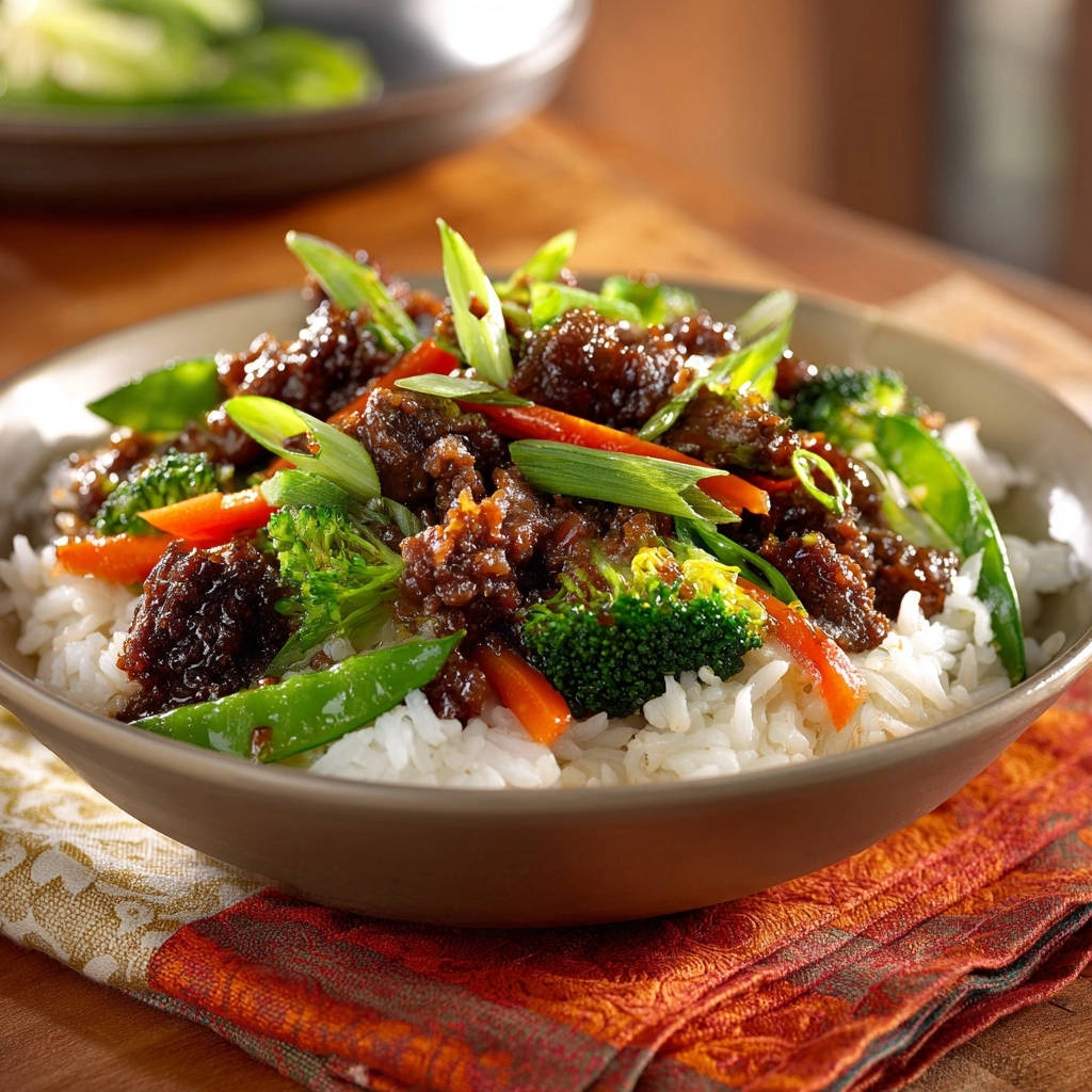 Sticky garlic beef and broccoli bowl served over white rice, showcasing tender beef and vibrant vegetables in a close-up view.