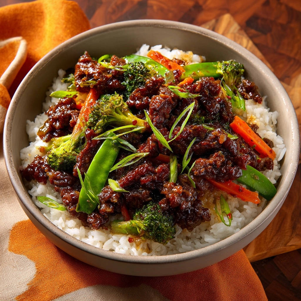 Sticky garlic beef and broccoli bowl close-up serving with tender beef and vibrant vegetables over white rice.