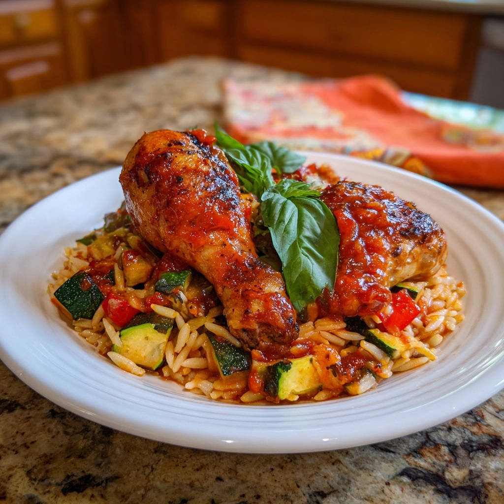 Sticky glazed chicken drumsticks with zucchini orzo served on a white plate, garnished with fresh basil.