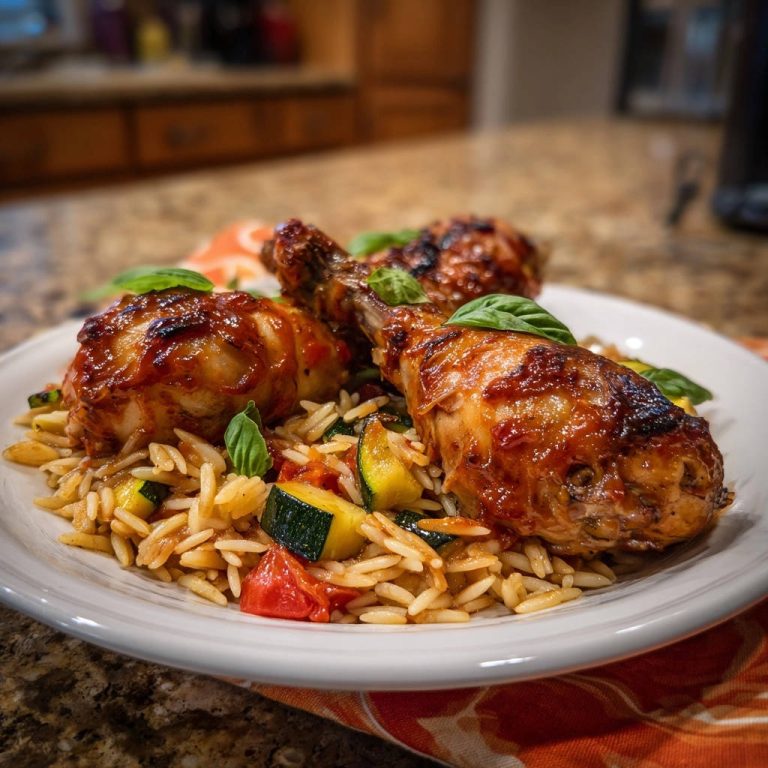 Sticky glazed chicken drumsticks with zucchini orzo served on a white plate, showcasing a close-up view.