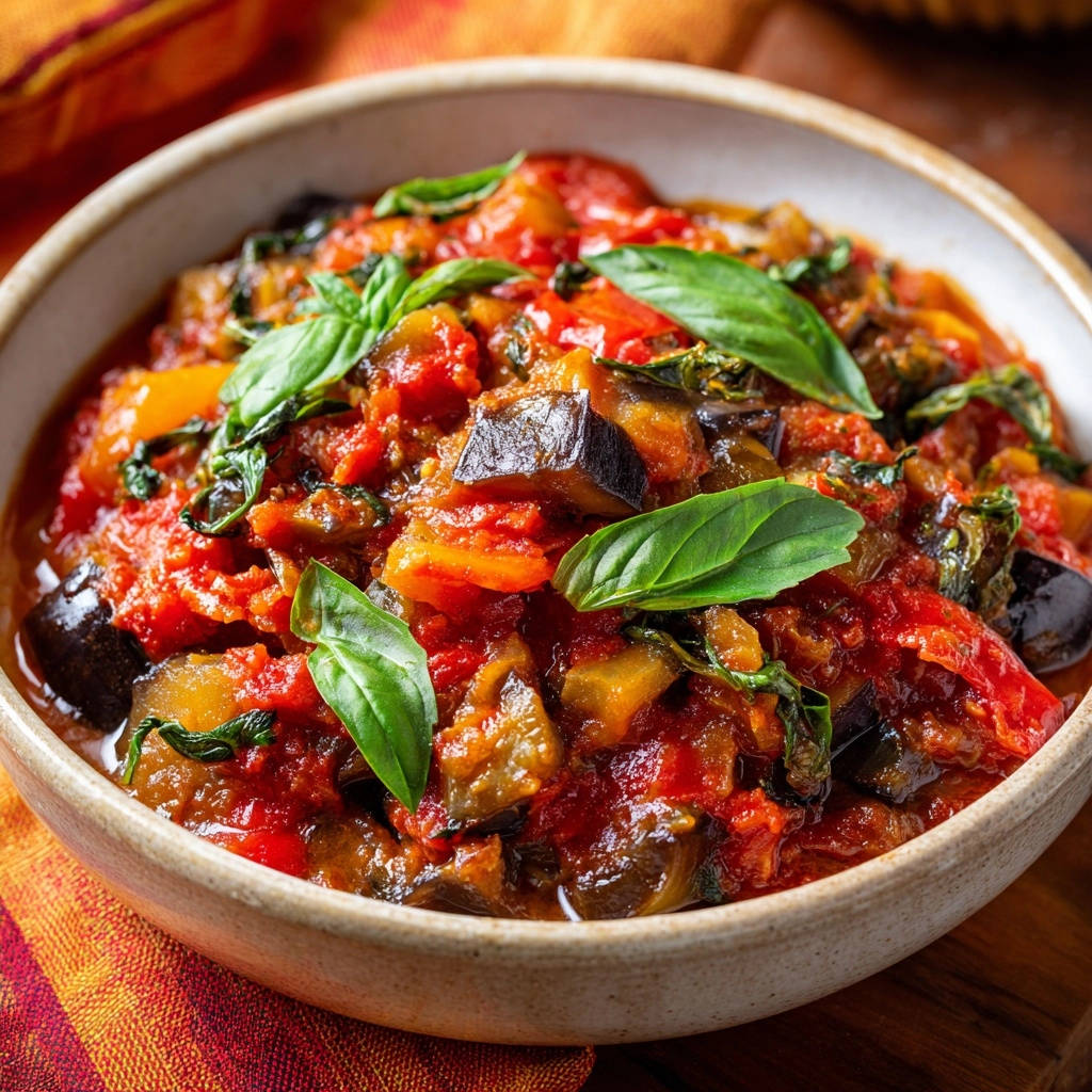 Summer vegetable medley served in a rustic bowl, showcasing tender eggplant and vibrant tomatoes with fresh basil garnish.