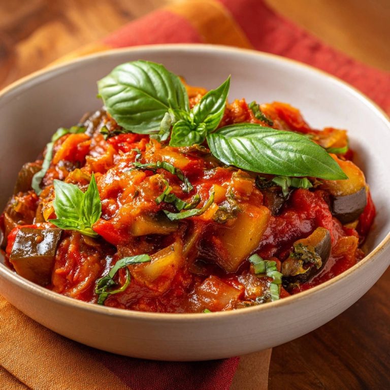 Summer vegetable medley in a bowl, generously garnished with fresh basil leaves and chopped herbs.