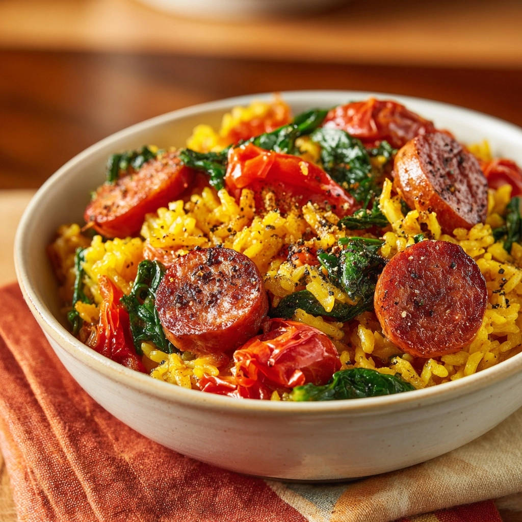 Sunny Sausage & Spinach Rice Bowl shown in a close-up view within a rustic bowl, highlighting fluffy grains and vibrant ingredients.