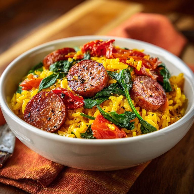 Sunny Sausage & Spinach Rice Bowl shown in a white bowl, with a close-up view of sliced sausage and wilted spinach.