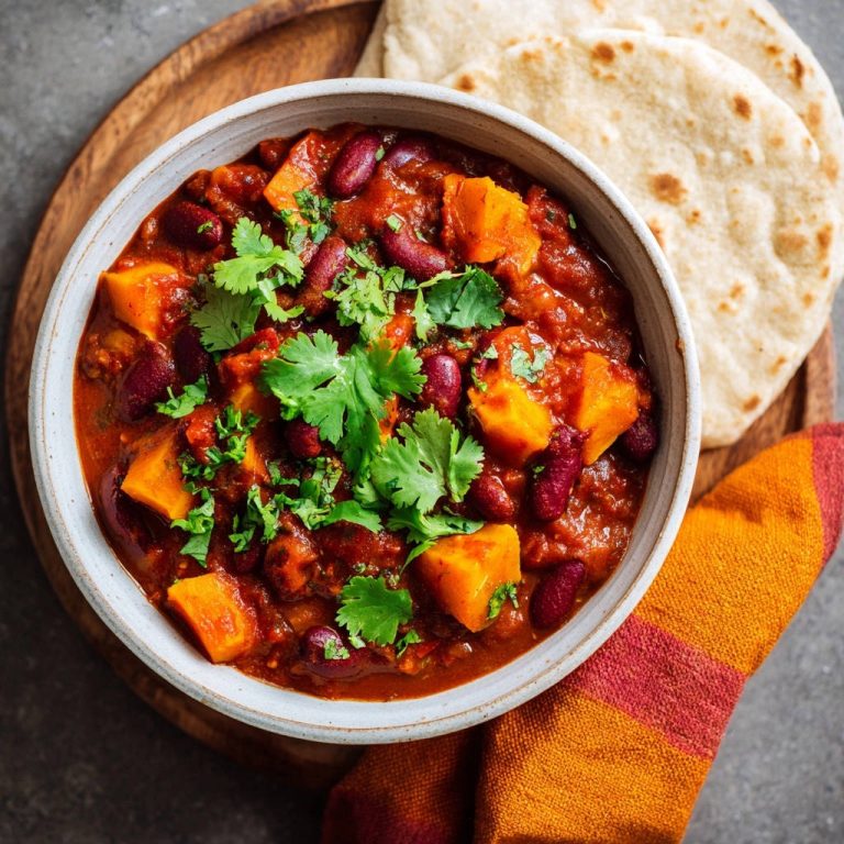 Sweet Potato & Kidney Bean Chili served in a white bowl, garnished with cilantro, with flatbread on the side.