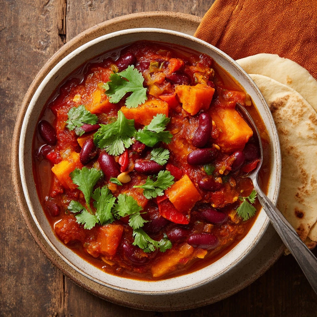 Sweet Potato & Kidney Bean Chili: rich, deep flavor shown in an overhead bowl with fresh cilantro garnish and a spoon.