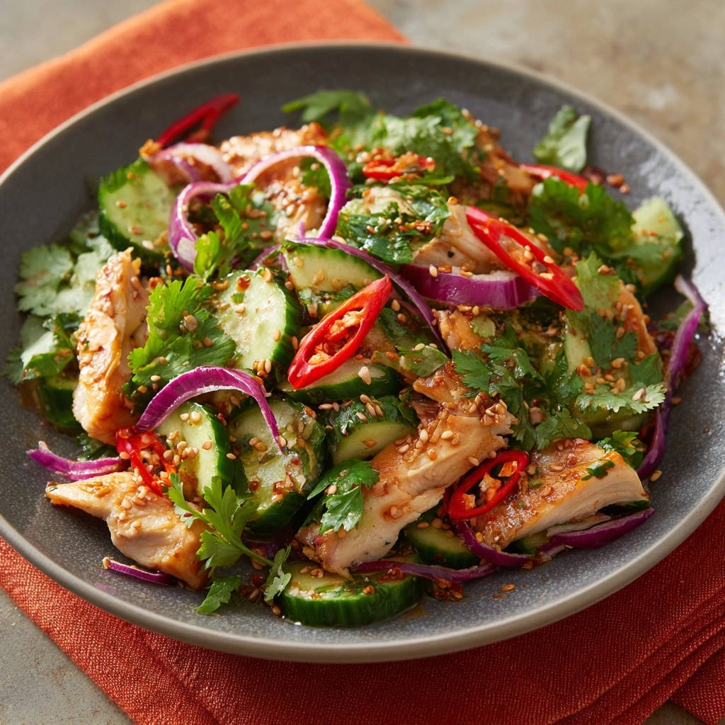 Sweet and spicy chicken salad featuring sliced chicken, cucumber, red onion, and chili in a close-up view.