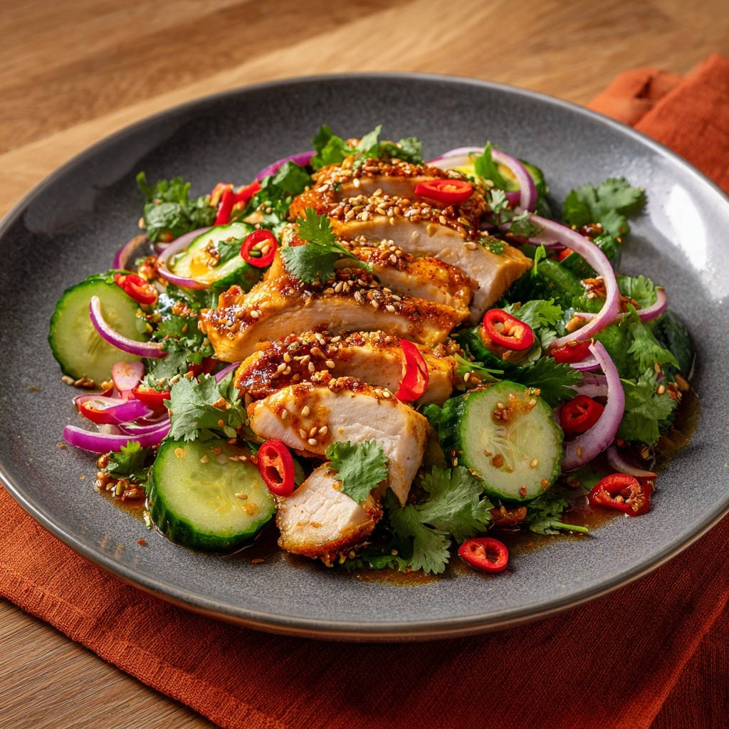 Sweet and spicy chicken salad featuring sliced chicken breast, cucumber, red onion, and chili, presented in a close-up overhead view.