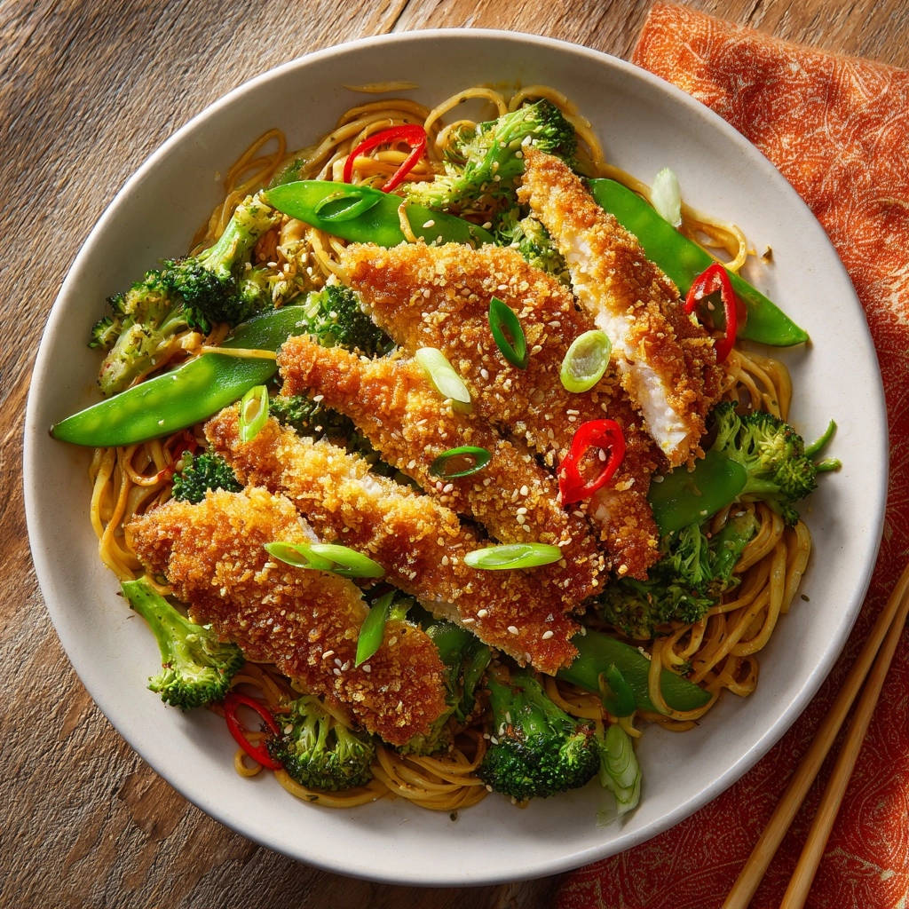 Sweet & Sticky Crispy Chicken Noodles served in a bowl with broccoli and snap peas, shown from an overhead view.