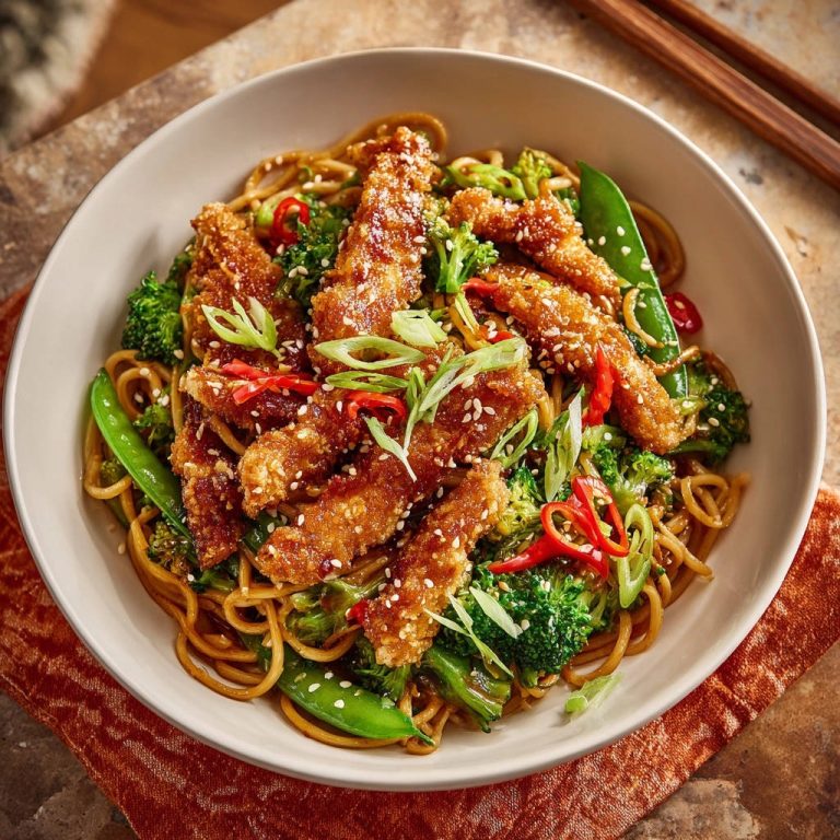 Sweet & Sticky Crispy Chicken Noodles served in a white bowl with noodles, broccoli, and chili, seen from an overhead perspective.