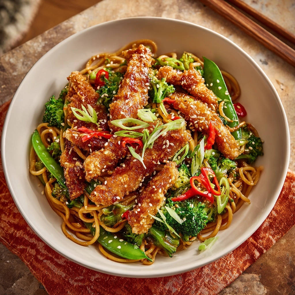 Sweet & Sticky Crispy Chicken Noodles served in a white bowl with noodles, broccoli, and chili, seen from an overhead perspective.