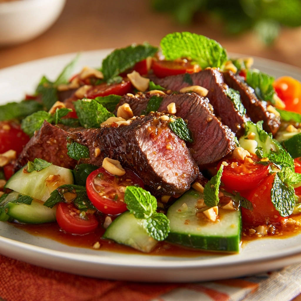 Thai-inspired beef salad with sliced steak, tomatoes, cucumber, and mint on a plate.