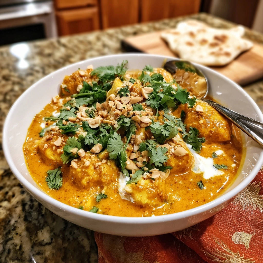 Creamy Thai-Inspired Chicken Curry served in a white bowl, generously garnished with cilantro and peanuts.