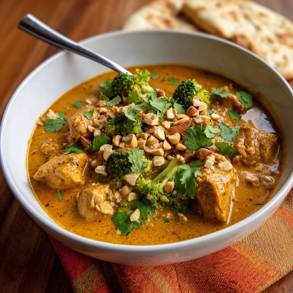 Creamy Thai-inspired chicken curry with broccoli and peanuts, generously garnished with fresh cilantro.