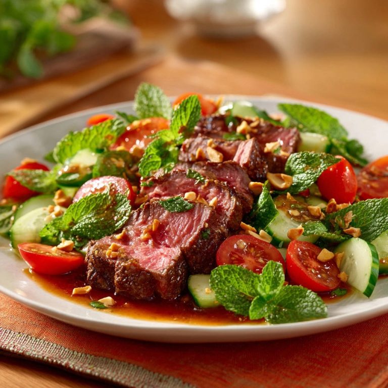 Thai-inspired beef salad featuring sliced juicy steak with fresh mint, cucumber, and tomatoes.