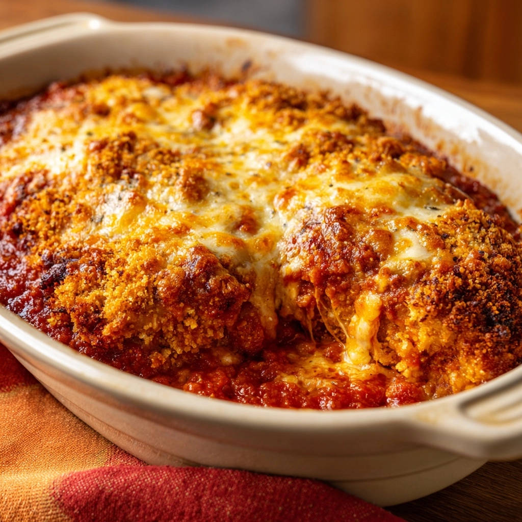 Ultimate baked ziti with a golden-brown, cheesy breadcrumb topping shown in a close-up view.