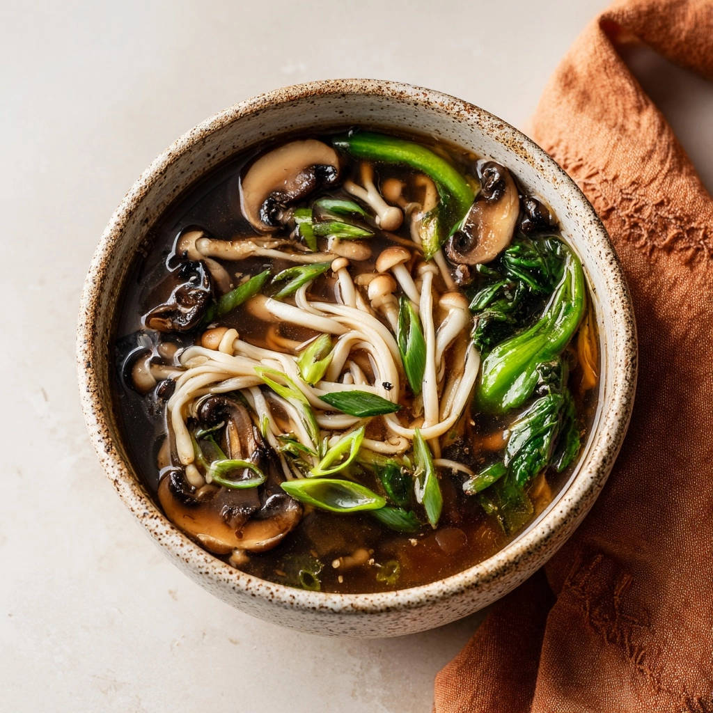 Easy Umami Mushroom Soup served in a rustic bowl, showcasing enoki mushrooms, sliced cremini, and bok choy from an overhead view.