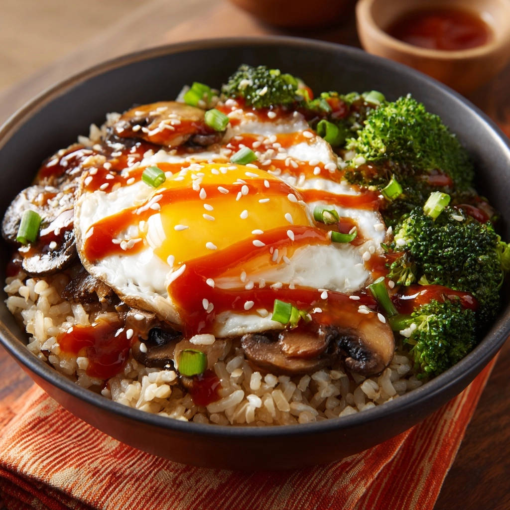 Speedy Veggie & Egg Power Bowl featuring a glistening runny yolk drizzled with sauce and garnished with sesame seeds.