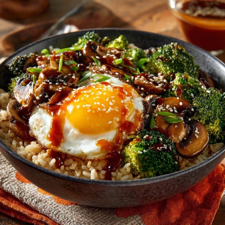 Speedy Veggie & Egg Power Bowl featuring a close-up on a glistening runny yolk drizzled with sauce.