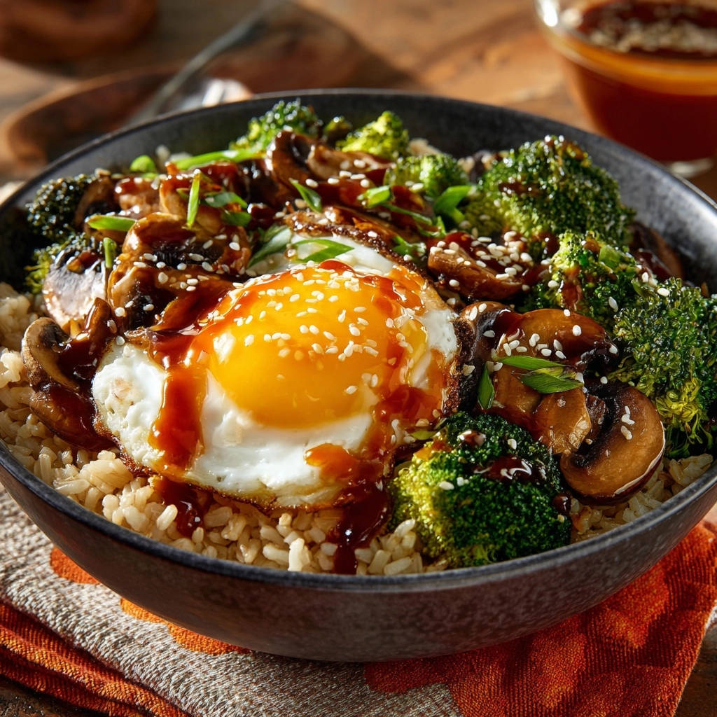 Speedy Veggie & Egg Power Bowl featuring a close-up on a glistening runny yolk drizzled with sauce.