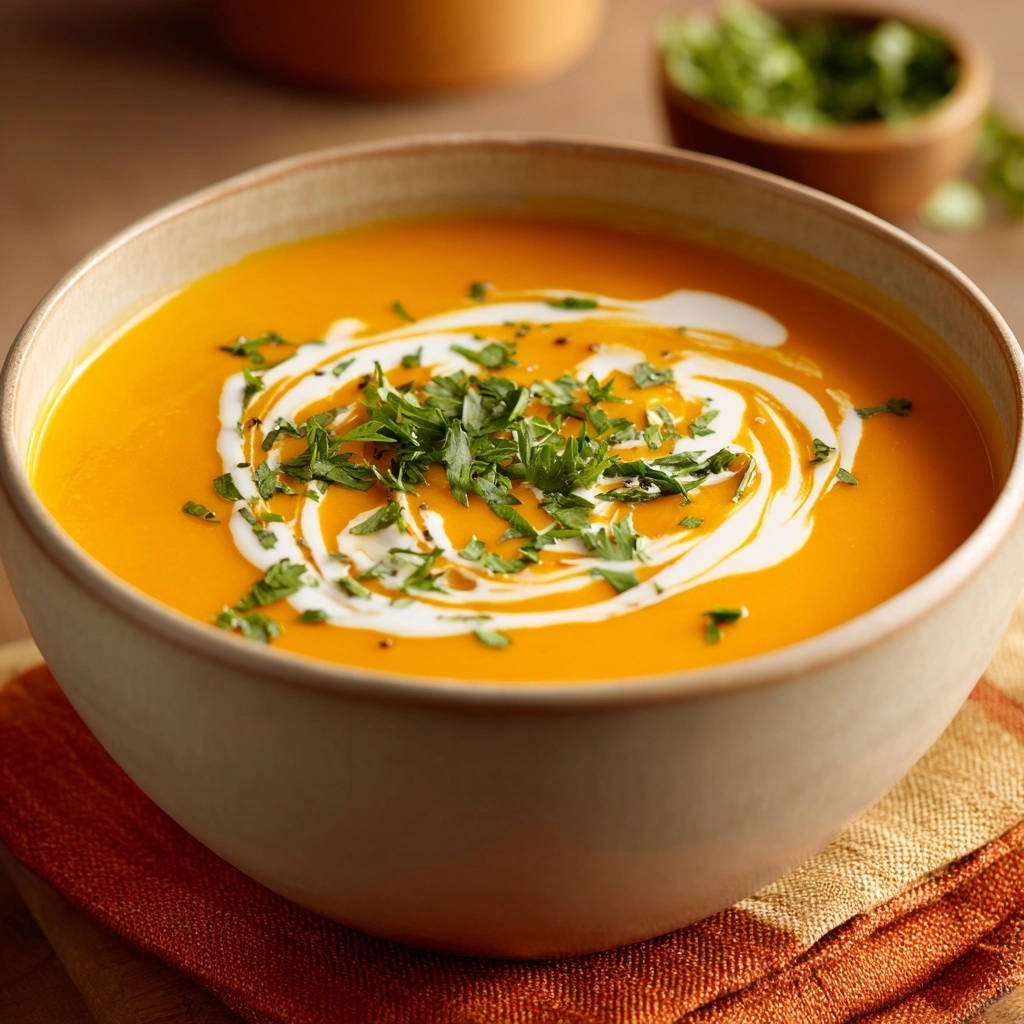 Velvety sweet potato carrot soup garnished with swirls of cream and fresh parsley.