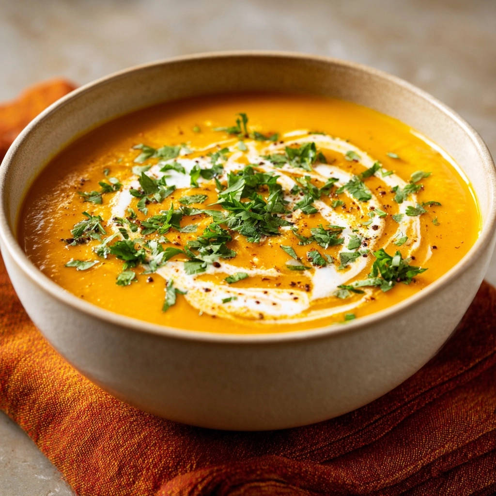 Velvety sweet potato carrot soup in a bowl, generously garnished with fresh parsley and a swirl of cream.