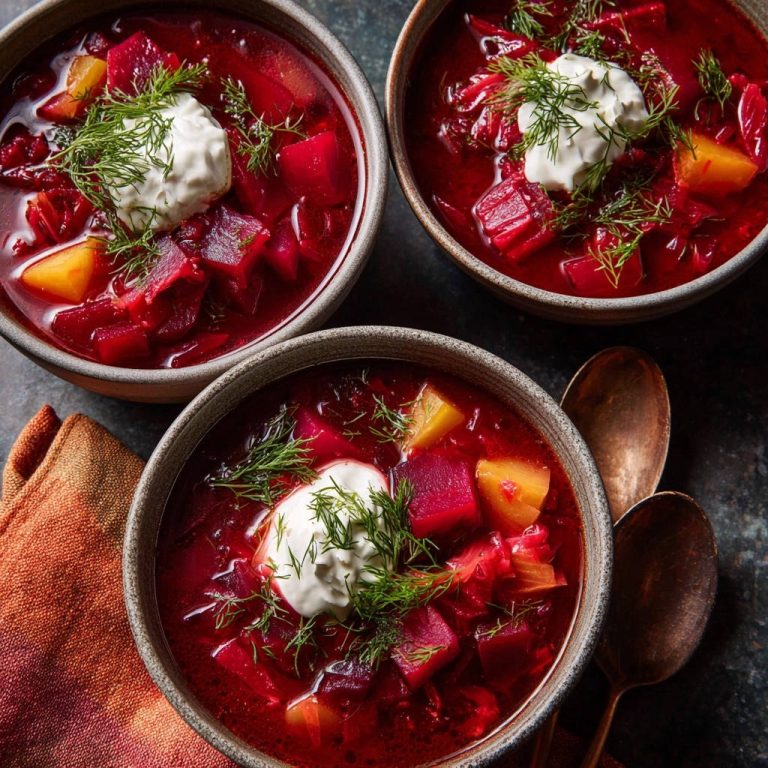 Vibrant beet soup served in three bowls, each topped with a dollop of sour cream and fresh dill garnish.