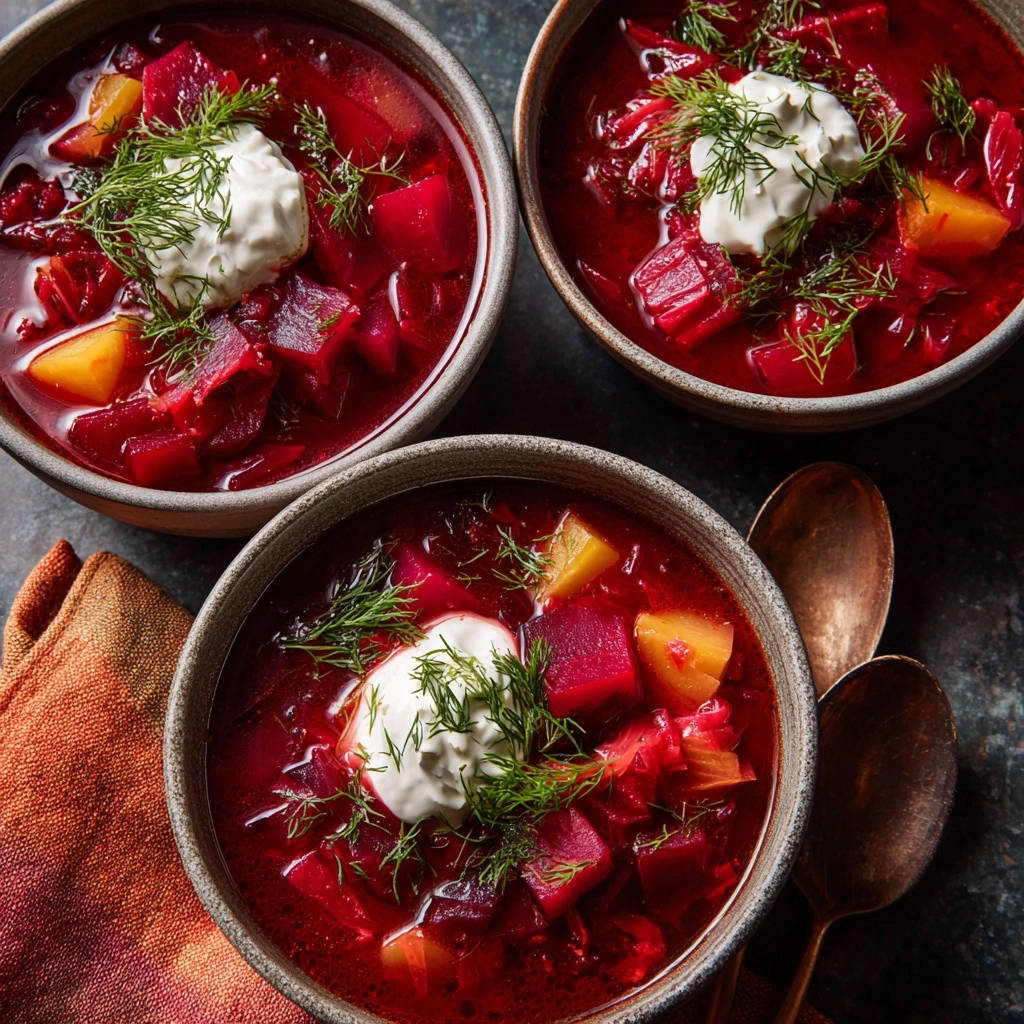 Vibrant beet soup served in three bowls, each topped with a dollop of sour cream and fresh dill garnish.