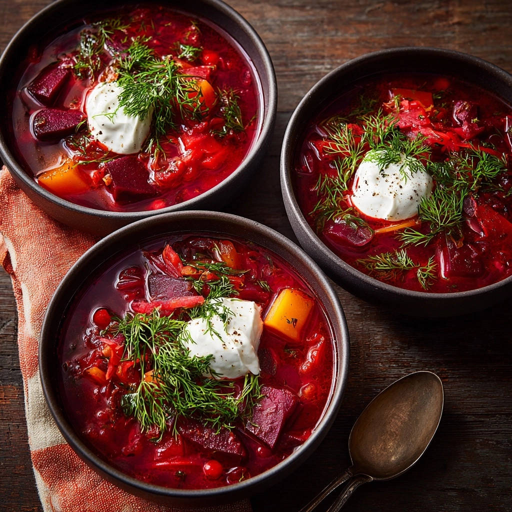 Vibrant beet soup served in three dark bowls, each topped with a dollop of sour cream and fresh dill.