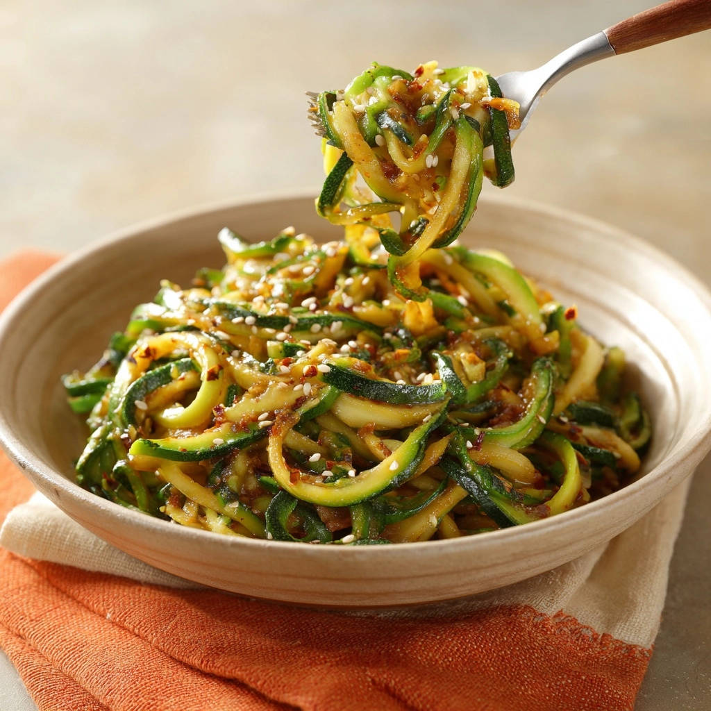 Zesty garlic sesame zucchini noodles captured on a fork being lifted from a bowl, showcasing the twirled zoodles.