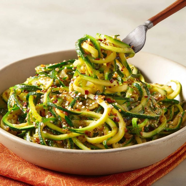 Zesty garlic sesame zucchini noodles being lifted from a bowl with a fork, showcasing the twirled pasta.