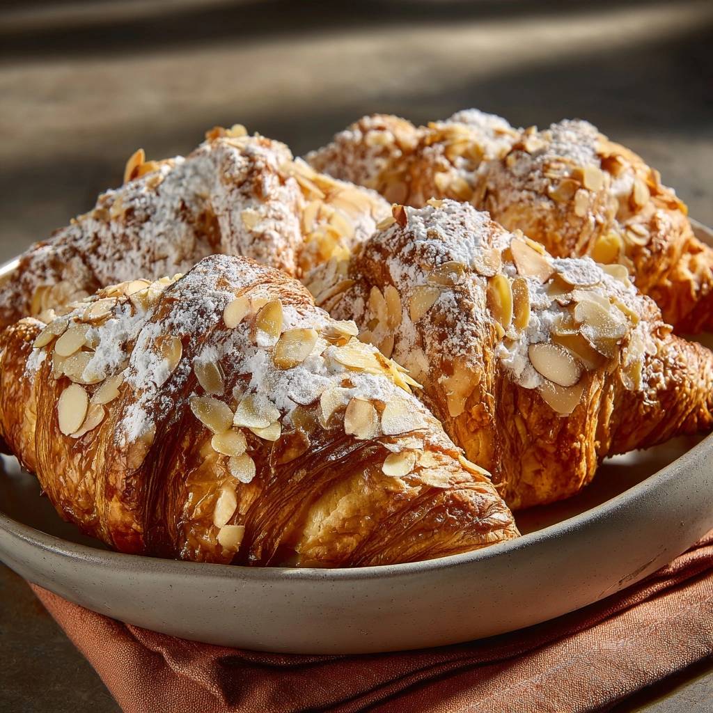 Almond croissants dusted with powdered sugar and topped with sliced almonds in a bowl.