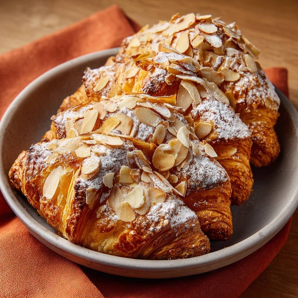 Almond croissants topped with sliced almonds and dusted with powdered sugar, presented in a bowl.