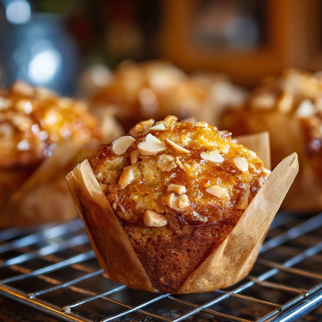 Bakery-style almond muffins with a glossy, glazed topping and sliced almonds, shown up close on a cooling rack.