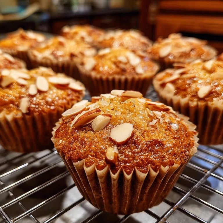 Bakery-style almond muffins cooling on a wire rack, topped with sliced almonds and coarse sugar.
