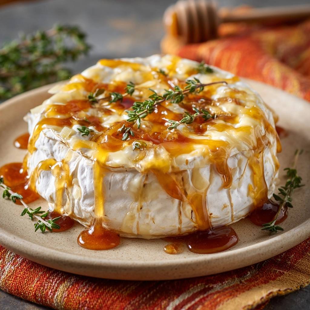 Apricot honey baked brie with a rich, drizzled glaze and fresh thyme garnish.