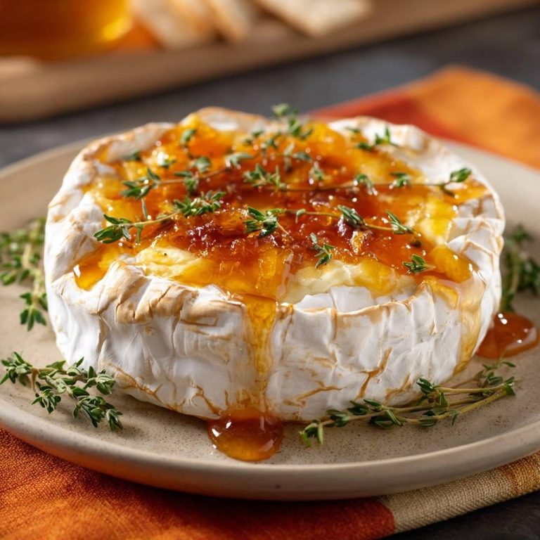 Apricot honey baked brie glazed with jam and fresh thyme sprigs on a plate