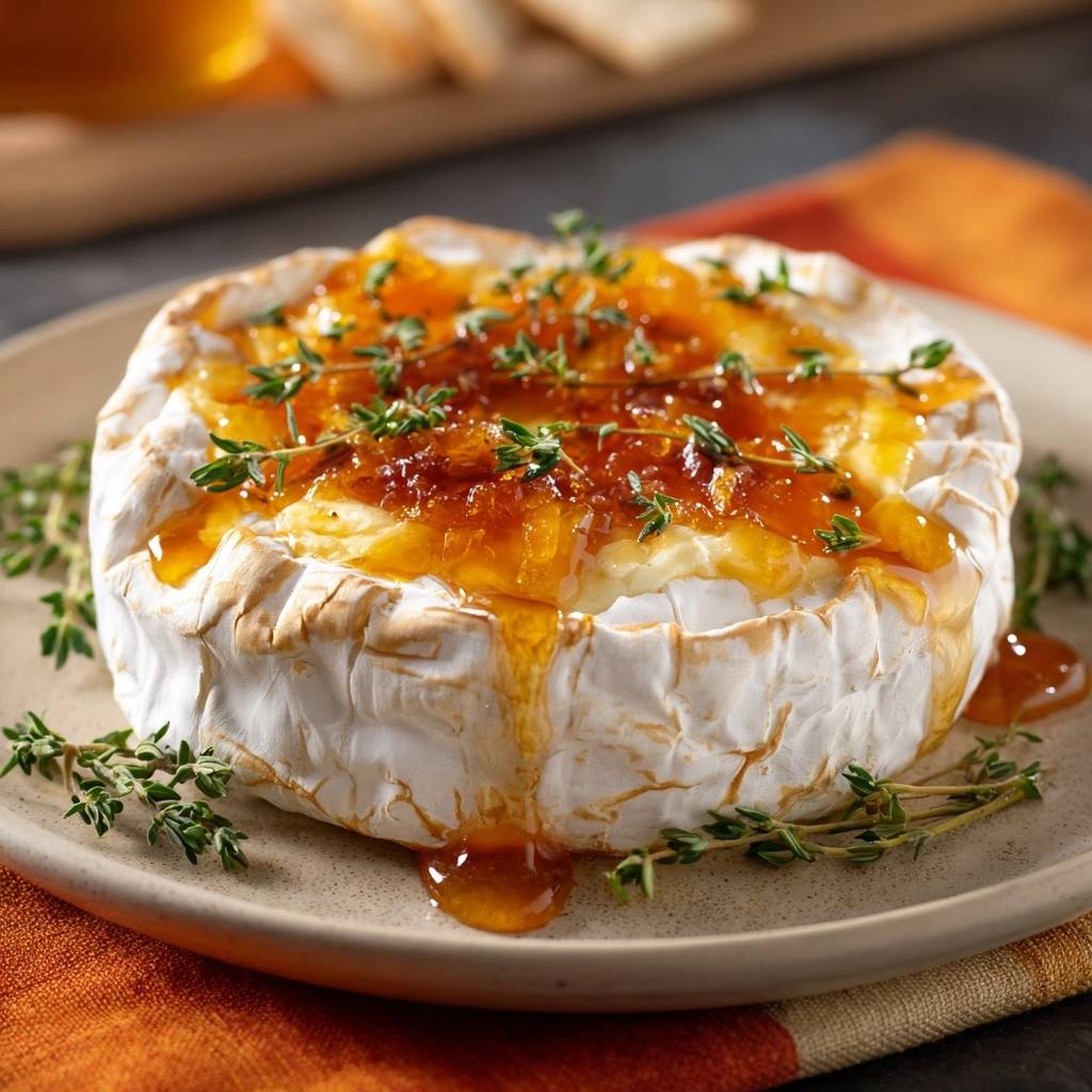 Apricot honey baked brie glazed with jam and fresh thyme sprigs on a plate