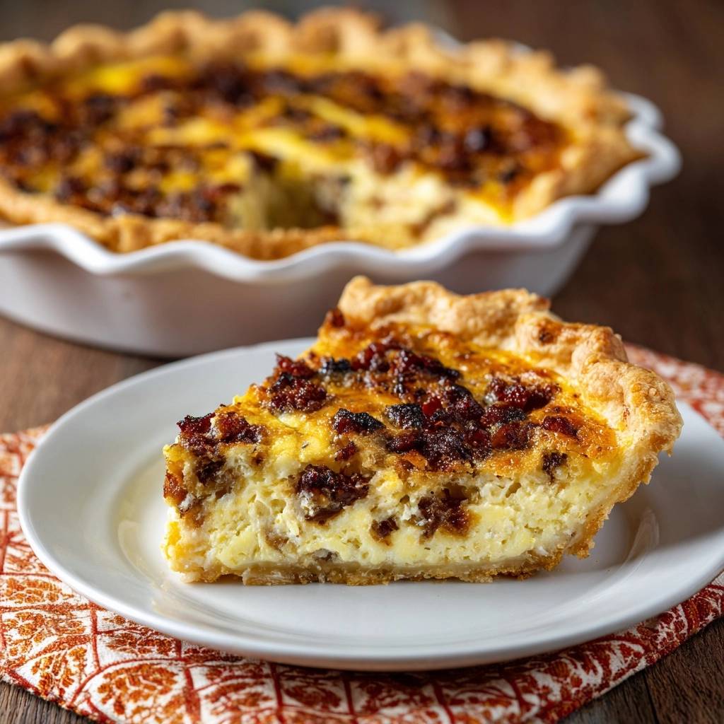 Bacon cottage cheese quiche with a golden crust, served as a single plated slice.