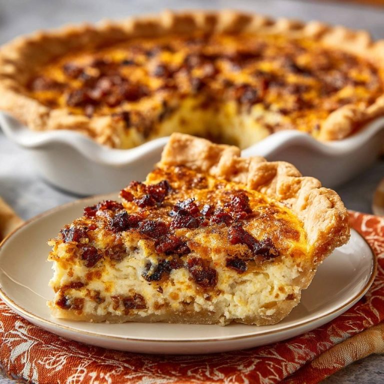 Bacon cottage cheese quiche with a plated slice showcasing the creamy interior and golden crust.