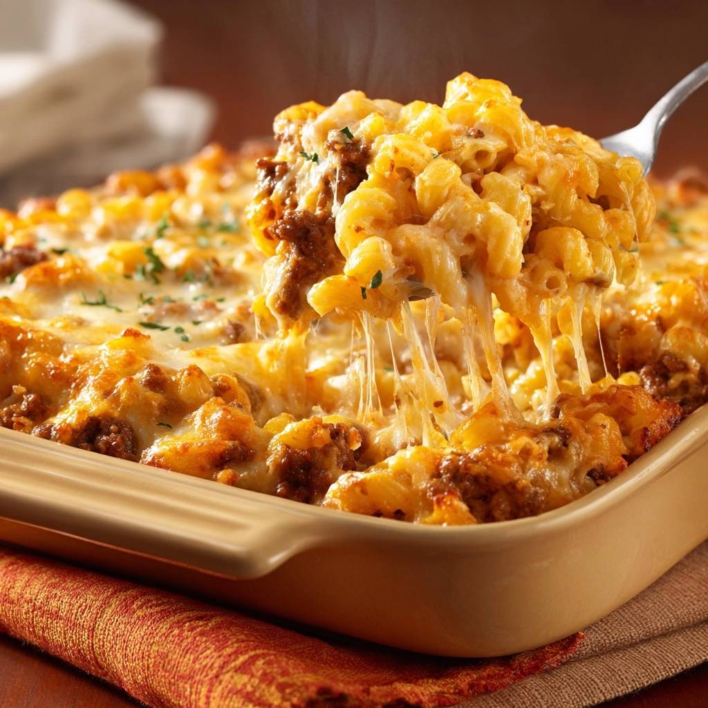 Baked beef and mac casserole with a fork lifting a cheesy portion, showcasing a satisfying cheese pull.