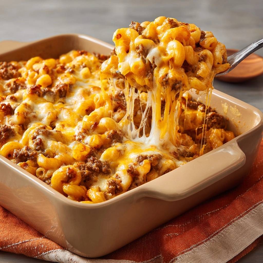 Baked beef & mac casserole with a cheesy serving being lifted from the dish.