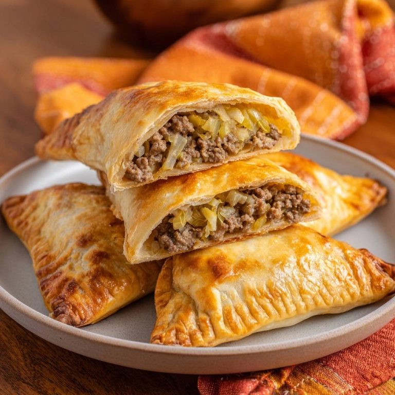 Flaky beef and cabbage empanadas shown in a close-up cross-section revealing the savory filling inside.