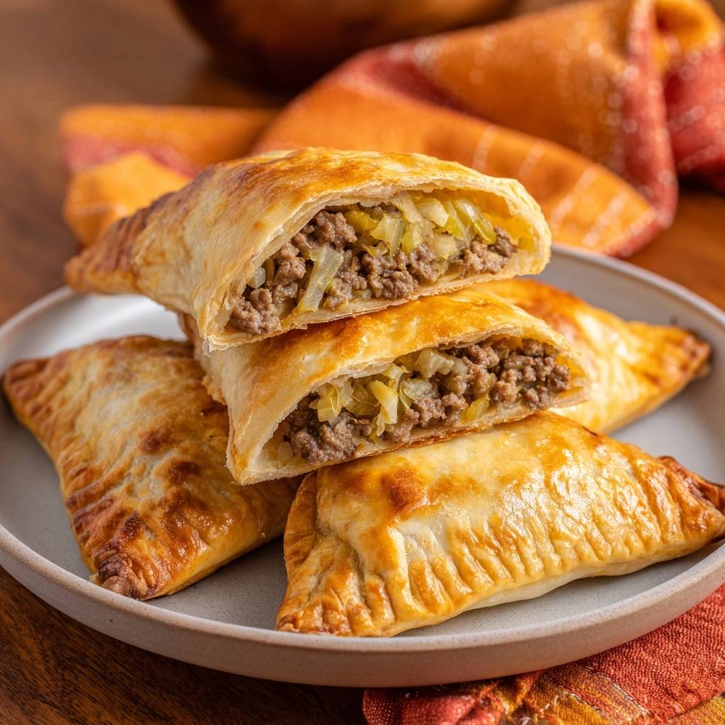 Flaky beef and cabbage empanadas shown in a close-up cross-section revealing the savory filling inside.